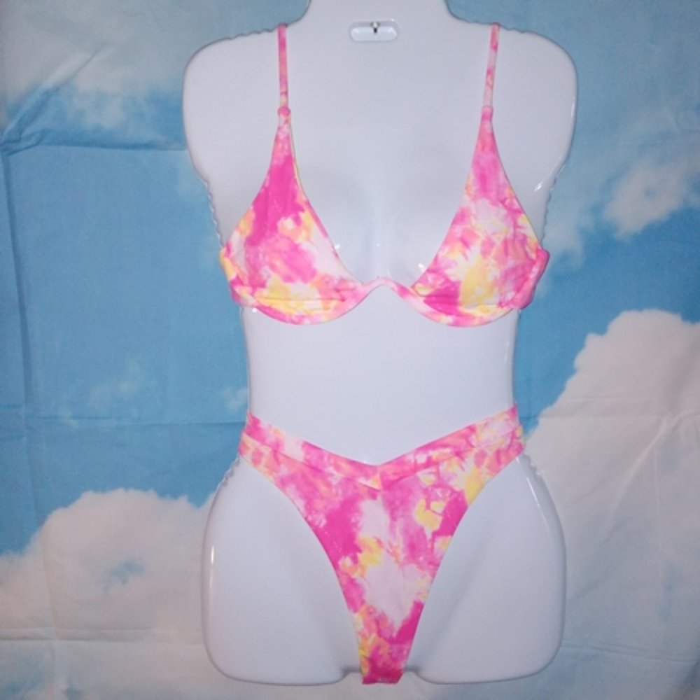 Pastel Tie-dye print 2-piece Bikini Plunge top with high-cut V bottoms NEW